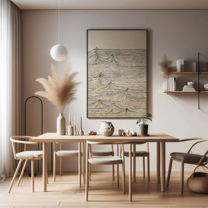 This artwork features a series of stylized wave peaks rendered with intricate, parallel lines again… for dining room
