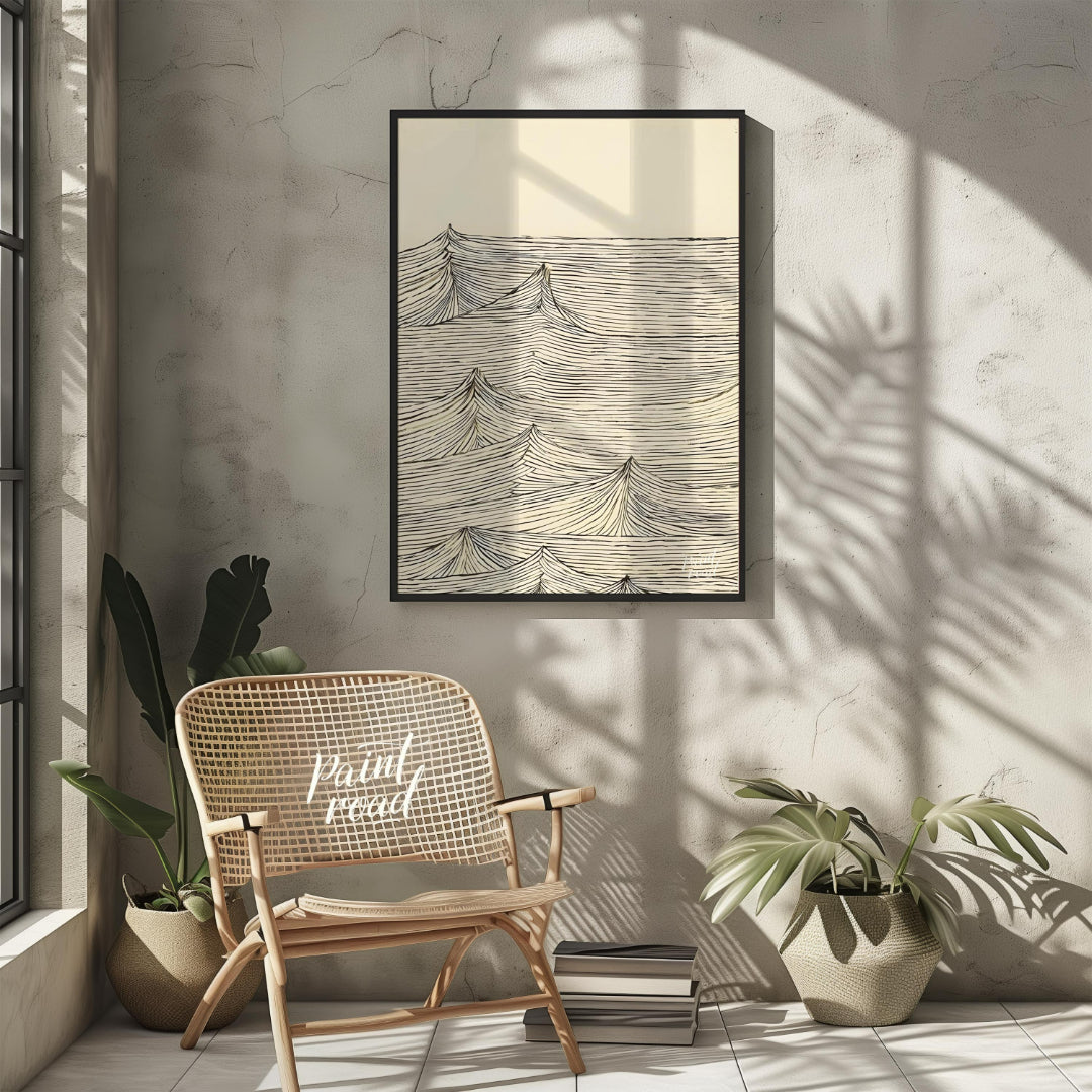 This artwork features a series of stylized wave peaks rendered with intricate, parallel lines again… for living room