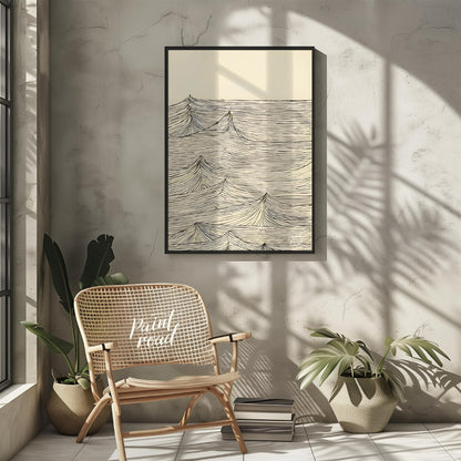 This artwork features a series of stylized wave peaks rendered with intricate, parallel lines again… for living room