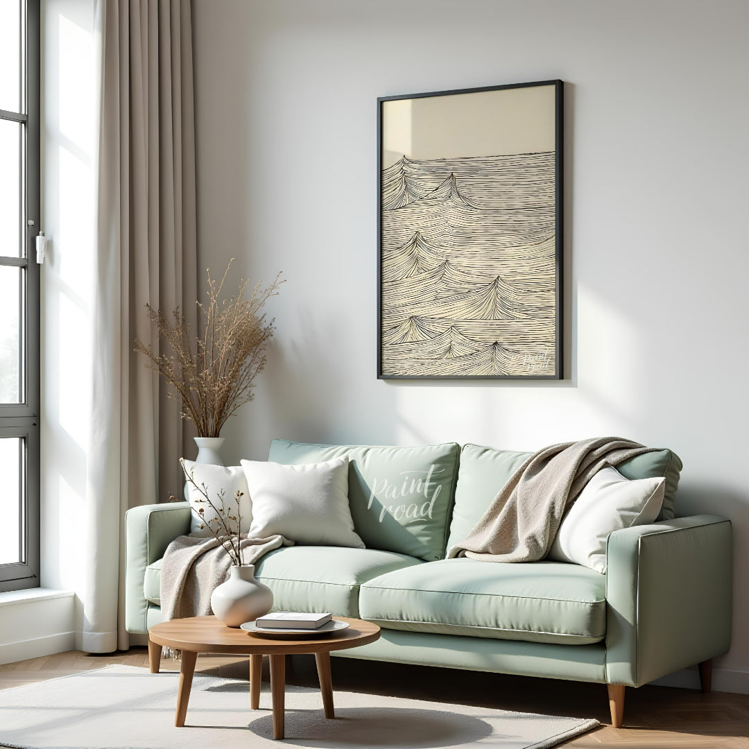 This artwork features a series of stylized wave peaks rendered with intricate, parallel lines again… for living room