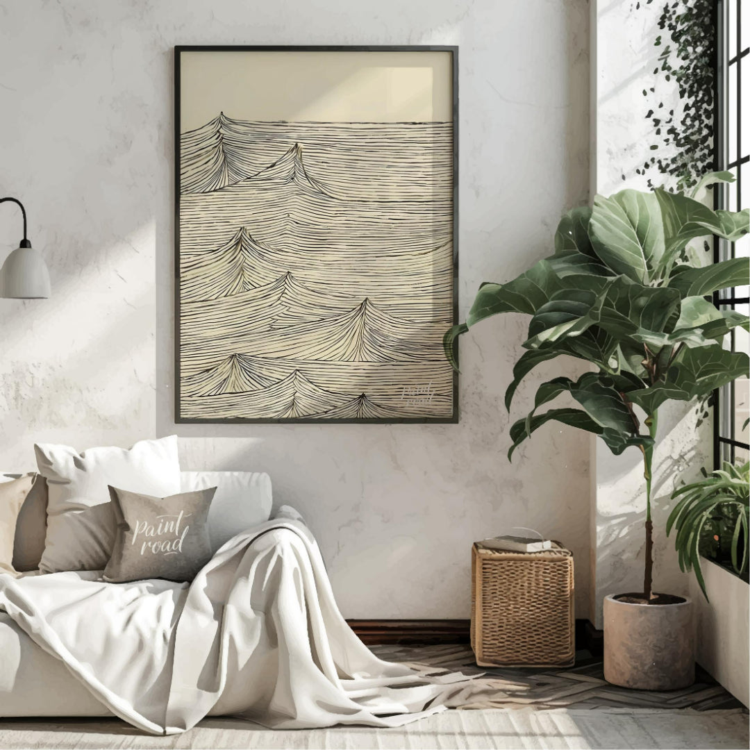 This artwork features a series of stylized wave peaks rendered with intricate, parallel lines again… for living room