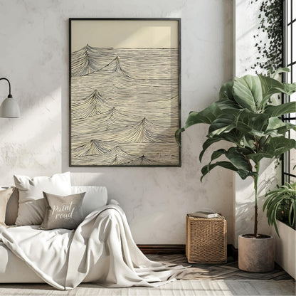 This artwork features a series of stylized wave peaks rendered with intricate, parallel lines again… for living room