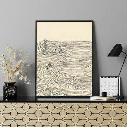 This artwork features a series of stylized wave peaks rendered with intricate, parallel lines again… for office