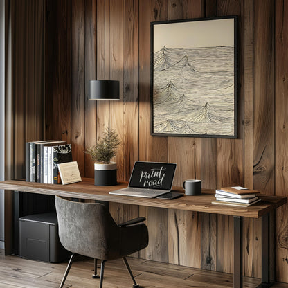 This artwork features a series of stylized wave peaks rendered with intricate, parallel lines again… for office