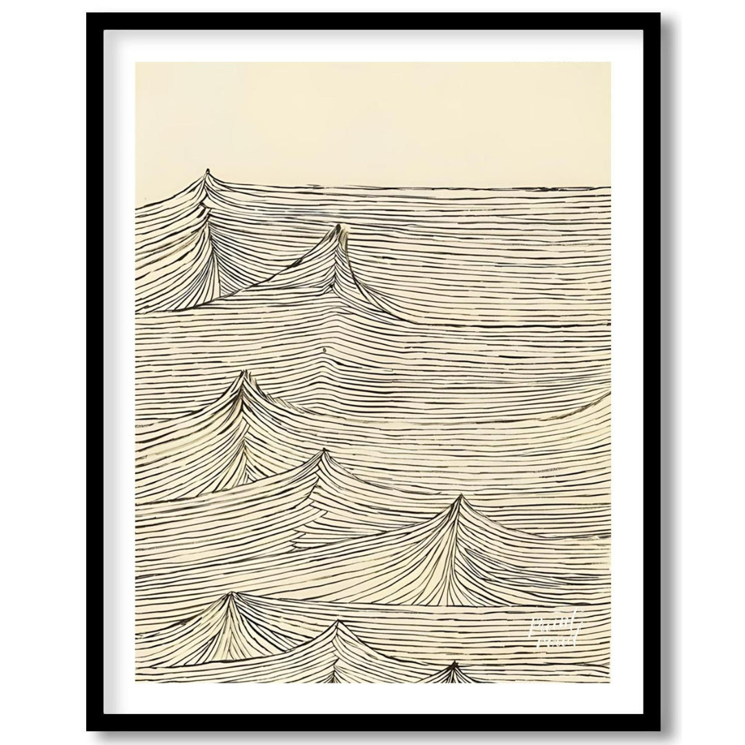This artwork features a series of stylized wave peaks rendered with intricate, parallel lines again… for sweet home
