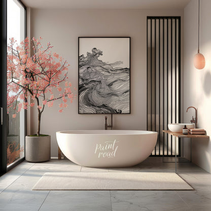 This artwork features a dynamic, monochromatic landscape rendered with intricate, flowing lines, cr… for bathroom