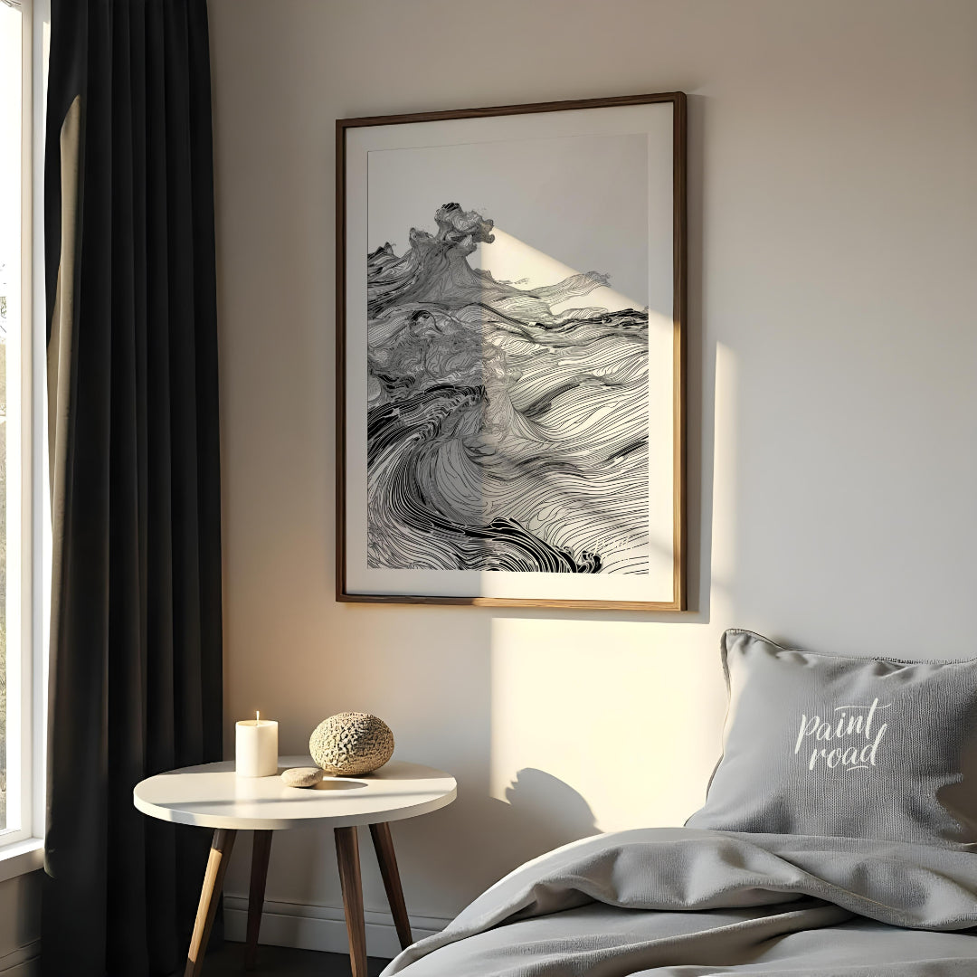 This artwork features a dynamic, monochromatic landscape rendered with intricate, flowing lines, cr… for bedroom