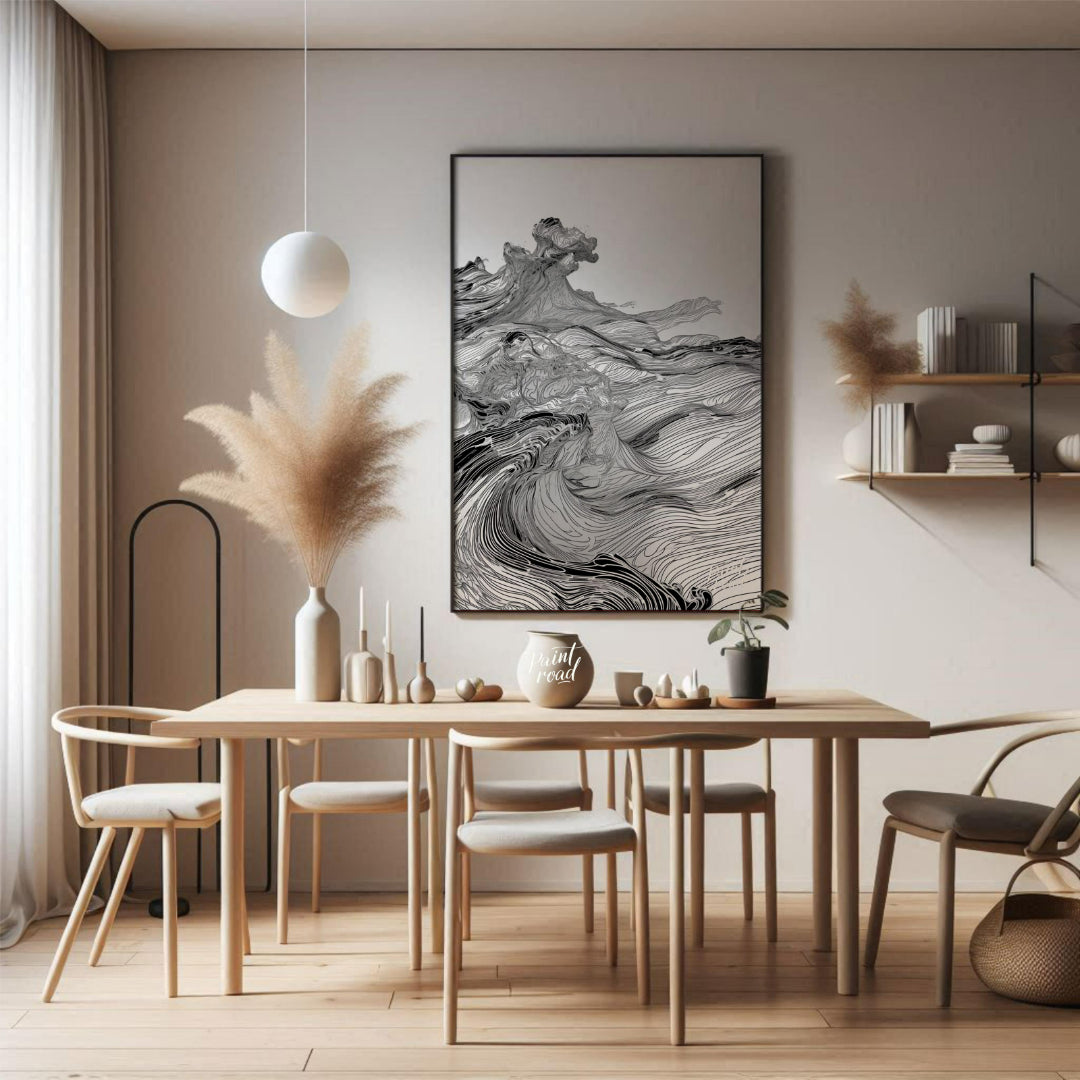 This artwork features a dynamic, monochromatic landscape rendered with intricate, flowing lines, cr… for dining room