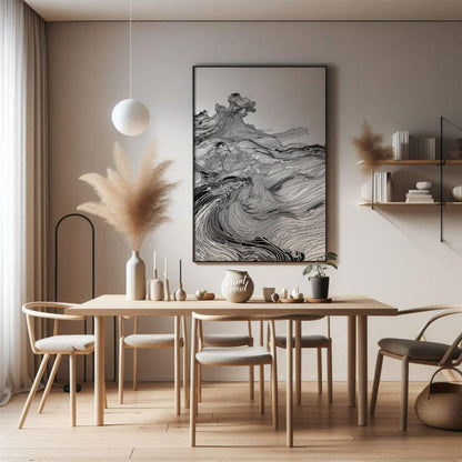This artwork features a dynamic, monochromatic landscape rendered with intricate, flowing lines, cr… for dining room