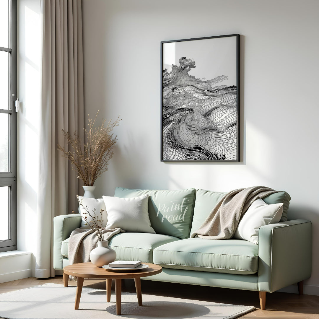 This artwork features a dynamic, monochromatic landscape rendered with intricate, flowing lines, cr… for living room