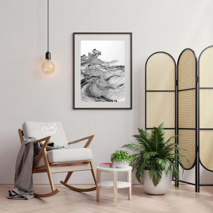 This artwork features a dynamic, monochromatic landscape rendered with intricate, flowing lines, cr… for living room
