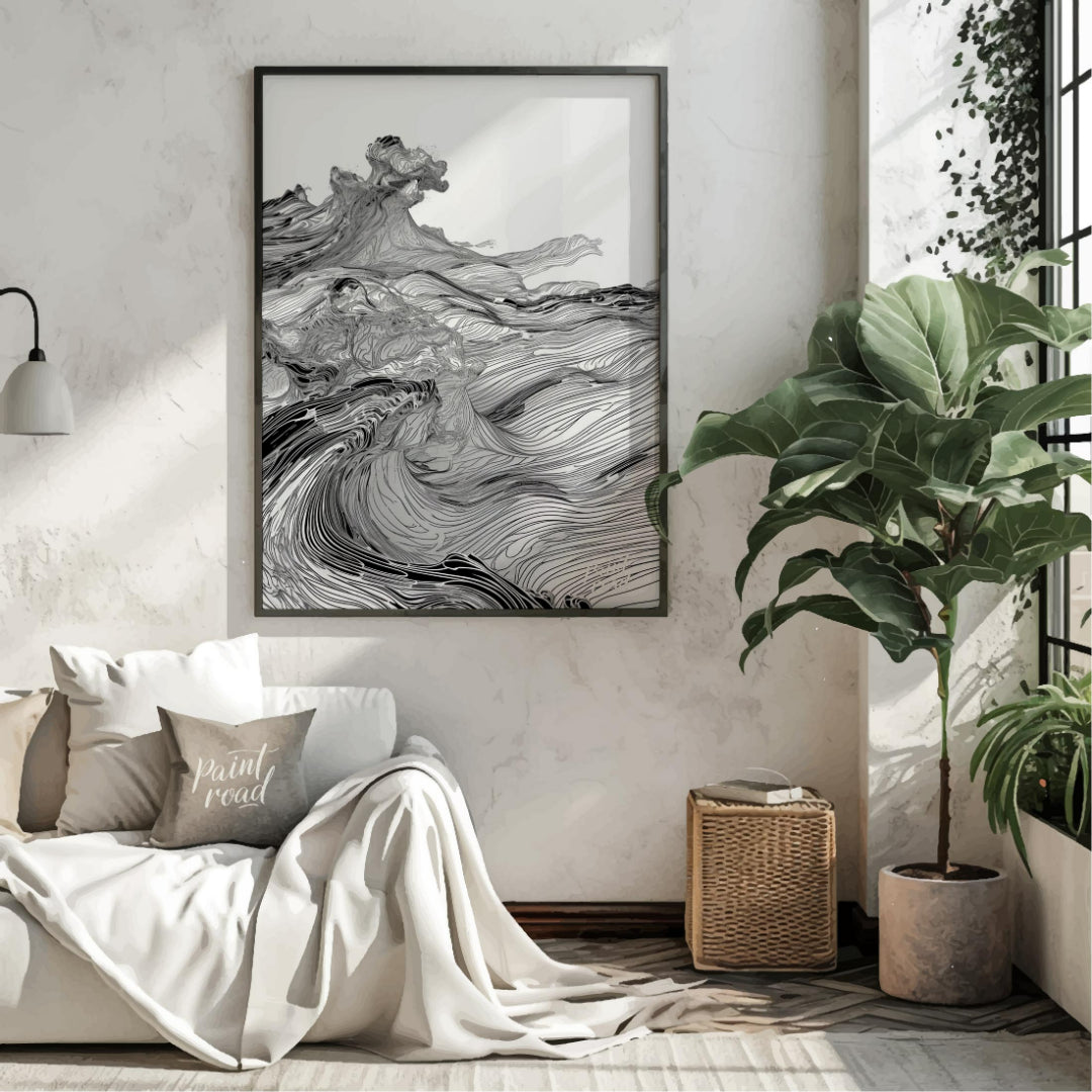 This artwork features a dynamic, monochromatic landscape rendered with intricate, flowing lines, cr… for living room