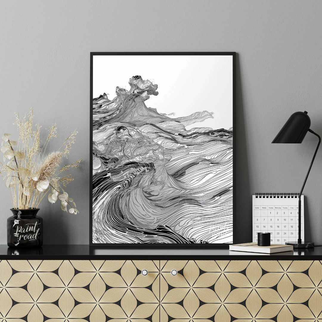This artwork features a dynamic, monochromatic landscape rendered with intricate, flowing lines, cr… for office
