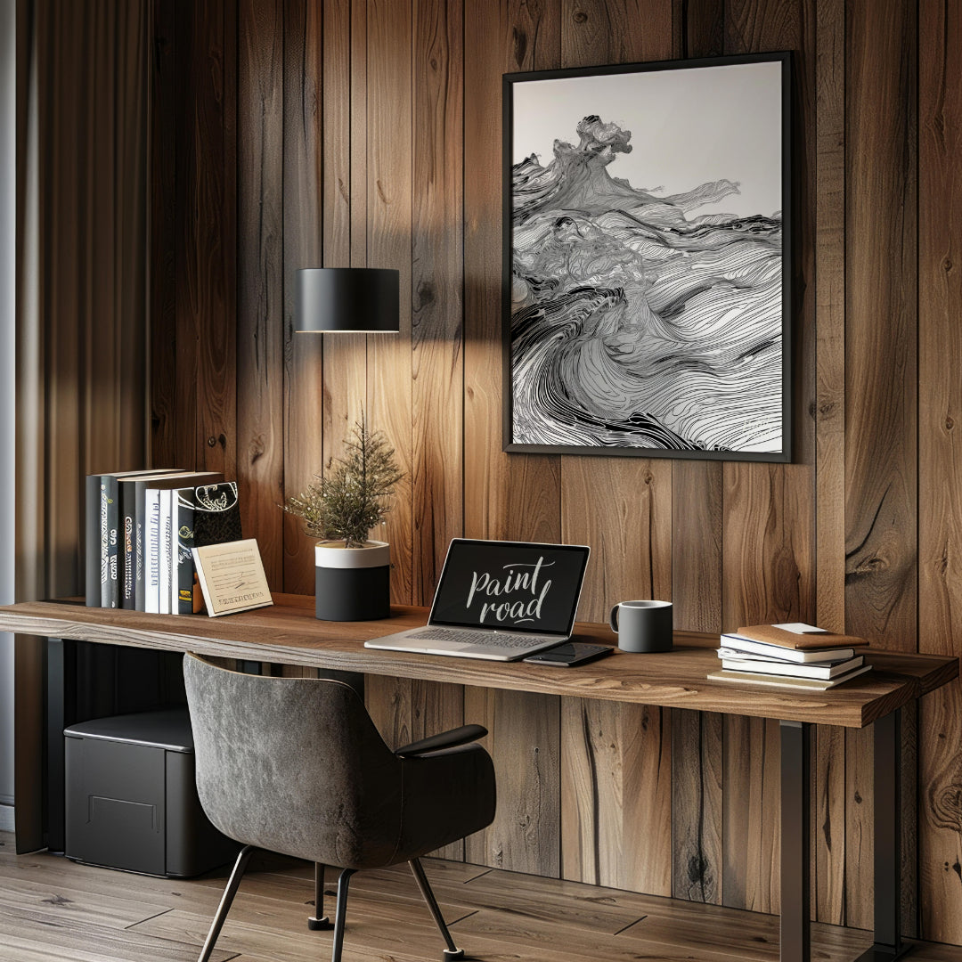This artwork features a dynamic, monochromatic landscape rendered with intricate, flowing lines, cr… for office