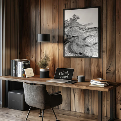 This artwork features a dynamic, monochromatic landscape rendered with intricate, flowing lines, cr… for office