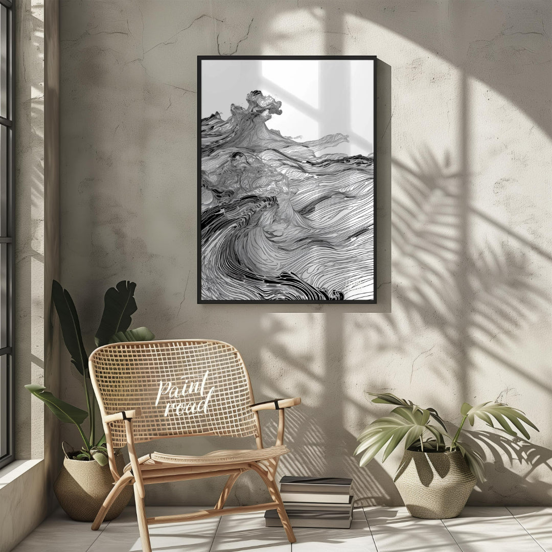 This artwork features a dynamic, monochromatic landscape rendered with intricate, flowing lines, cr… for other