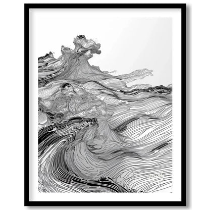 This artwork features a dynamic, monochromatic landscape rendered with intricate, flowing lines, cr… for sweet home