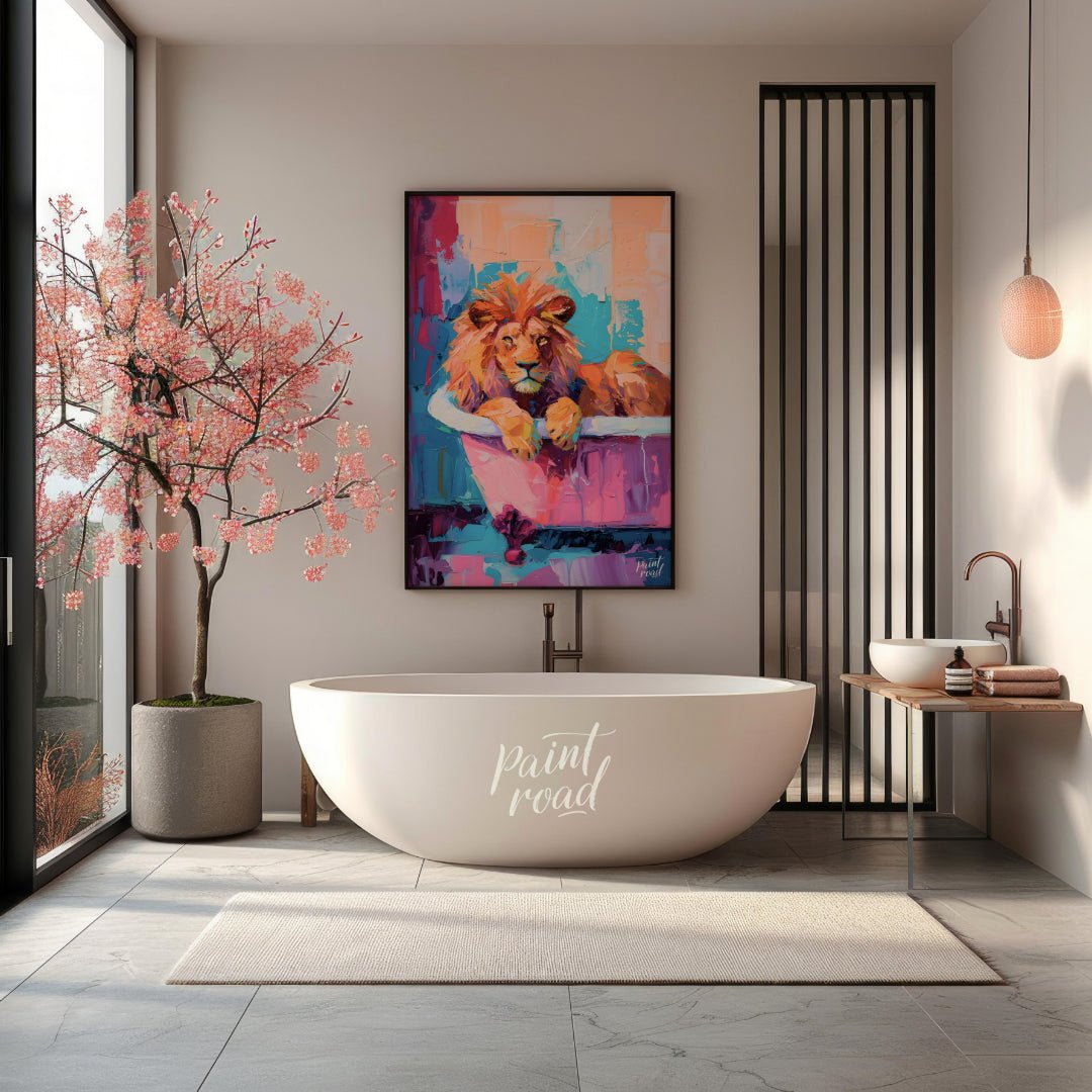 This vibrant digital painting features a majestic lion lounging in a pink bathtub against a backdro… for bathroom