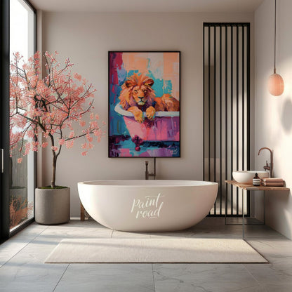 This vibrant digital painting features a majestic lion lounging in a pink bathtub against a backdro… for bathroom
