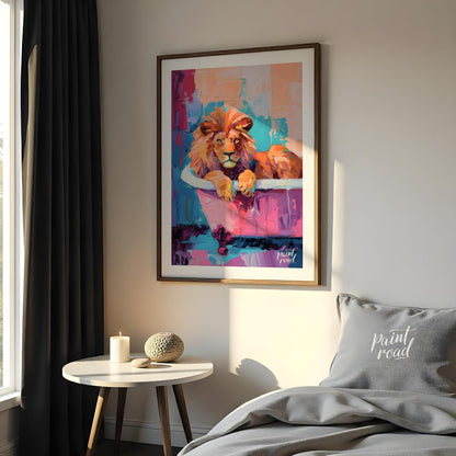 This vibrant digital painting features a majestic lion lounging in a pink bathtub against a backdro… for bedroom