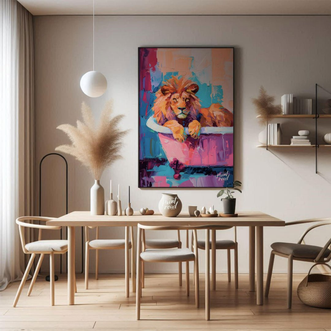 This vibrant digital painting features a majestic lion lounging in a pink bathtub against a backdro… for dining room