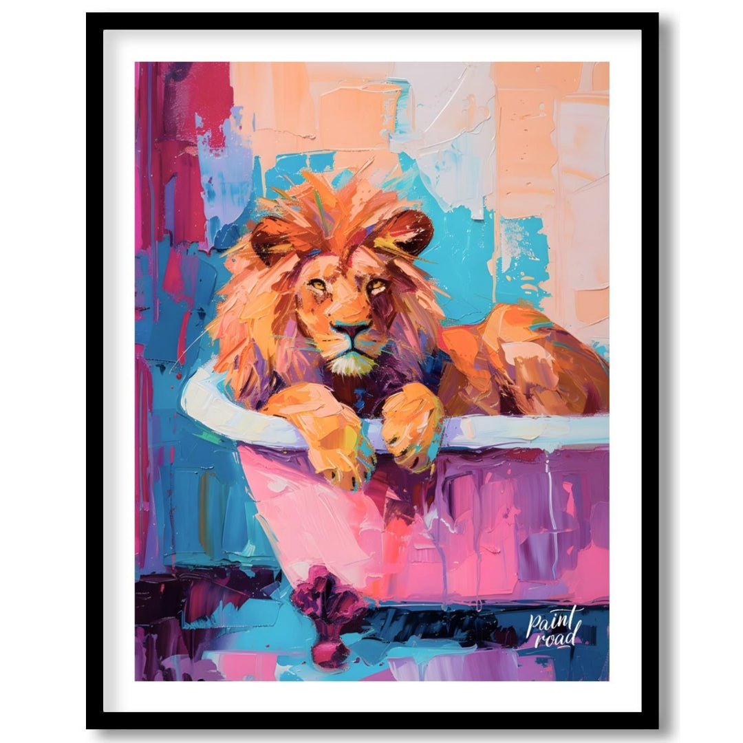 This vibrant digital painting features a majestic lion lounging in a pink bathtub against a backdro… for house