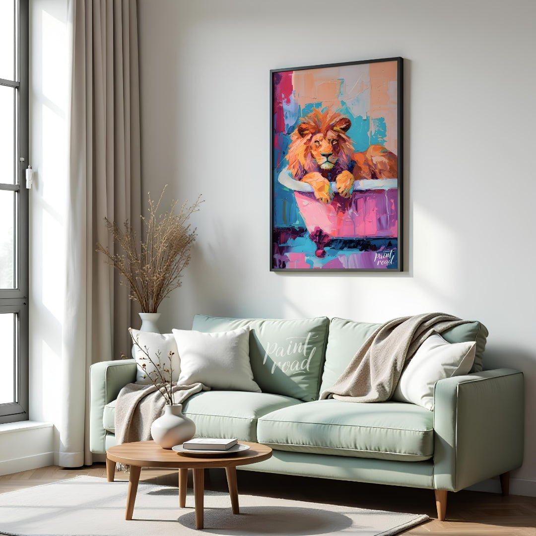 This vibrant digital painting features a majestic lion lounging in a pink bathtub against a backdro… for living room