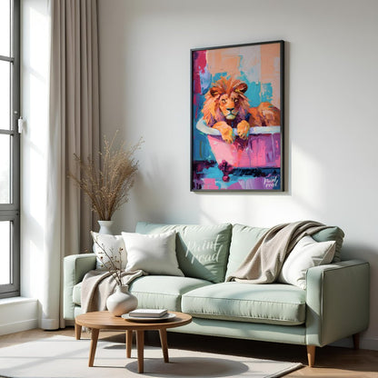 This vibrant digital painting features a majestic lion lounging in a pink bathtub against a backdro… for living room