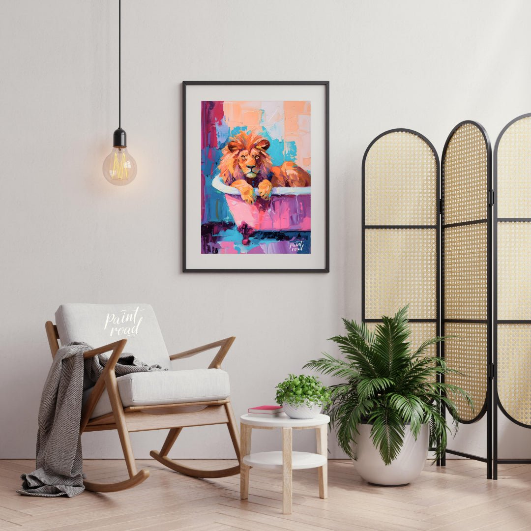 This vibrant digital painting features a majestic lion lounging in a pink bathtub against a backdro… for living room