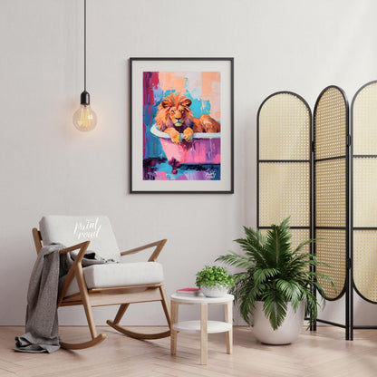 This vibrant digital painting features a majestic lion lounging in a pink bathtub against a backdro… for living room