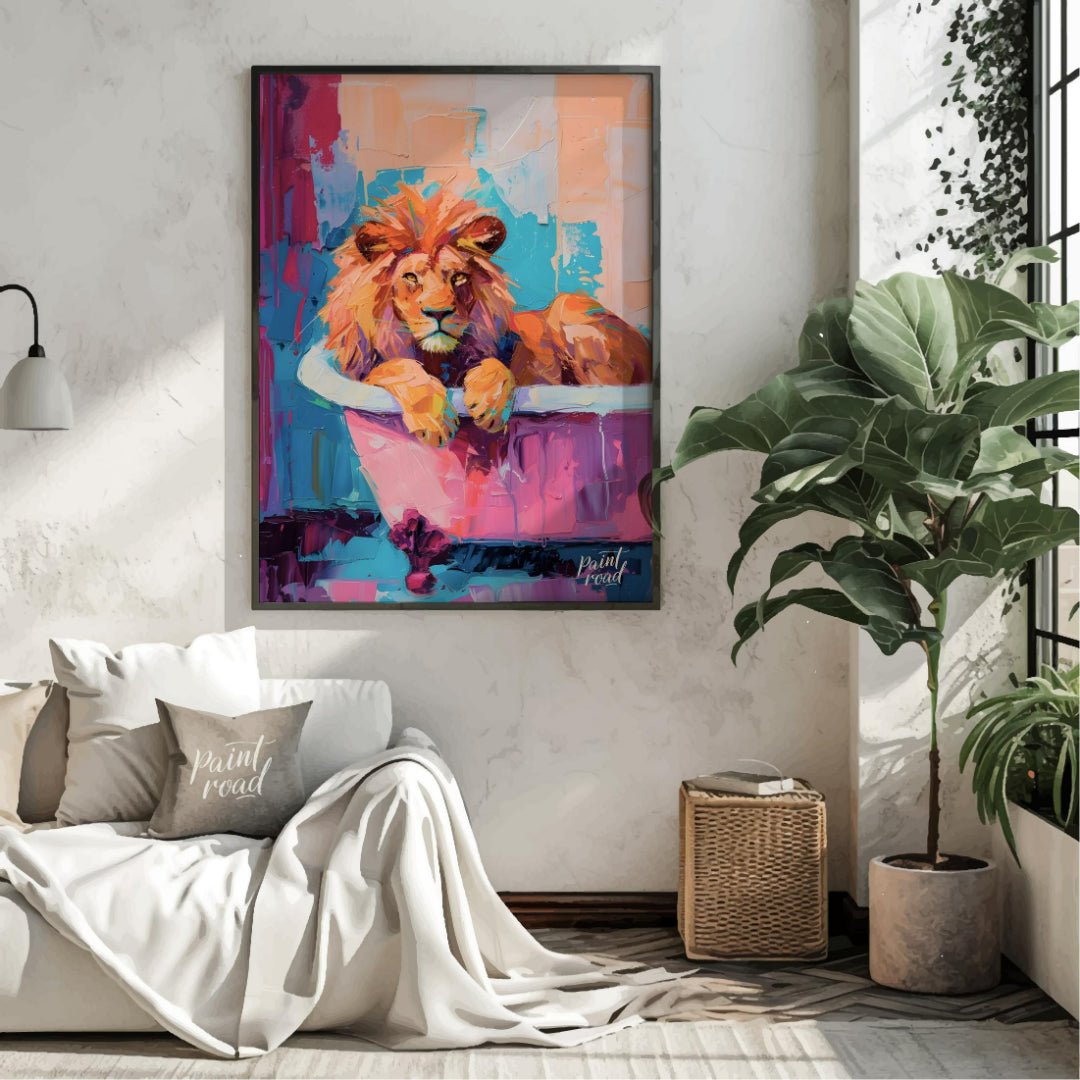 This vibrant digital painting features a majestic lion lounging in a pink bathtub against a backdro… for living room