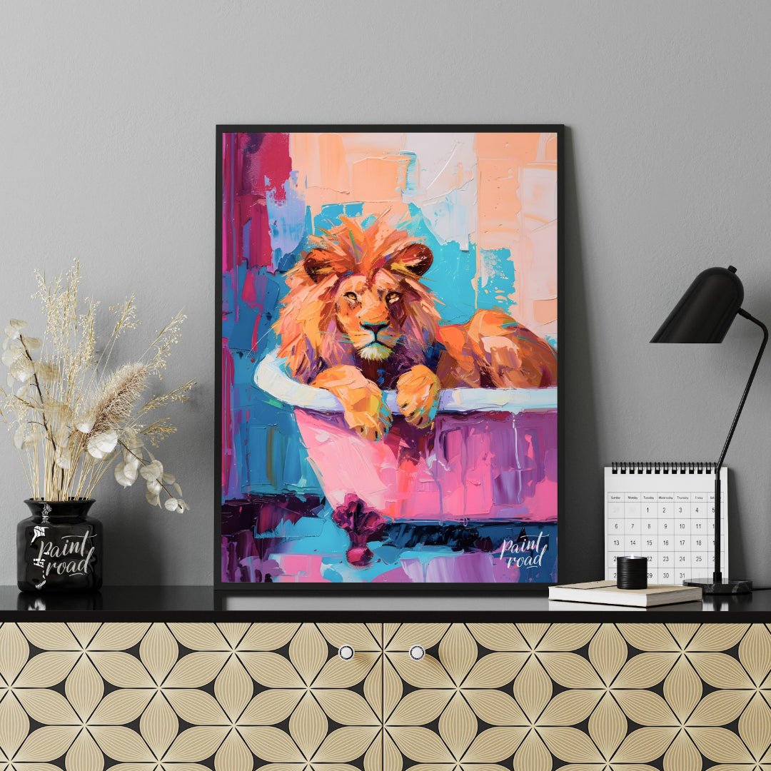 This vibrant digital painting features a majestic lion lounging in a pink bathtub against a backdro… for office