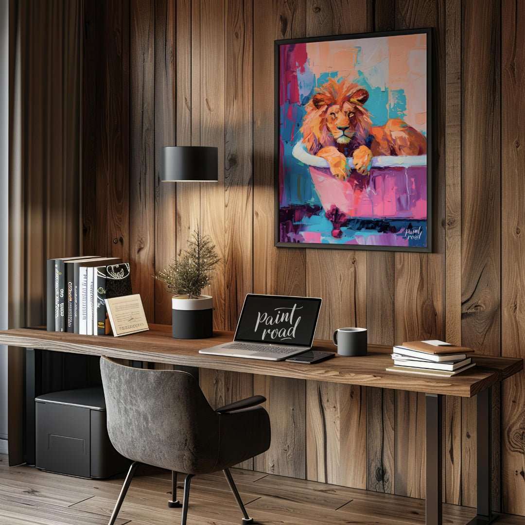 This vibrant digital painting features a majestic lion lounging in a pink bathtub against a backdro… for office
