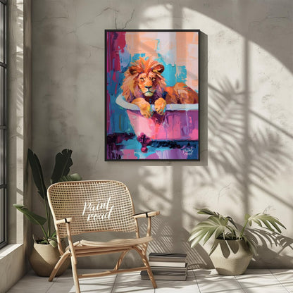 This vibrant digital painting features a majestic lion lounging in a pink bathtub against a backdro… for other