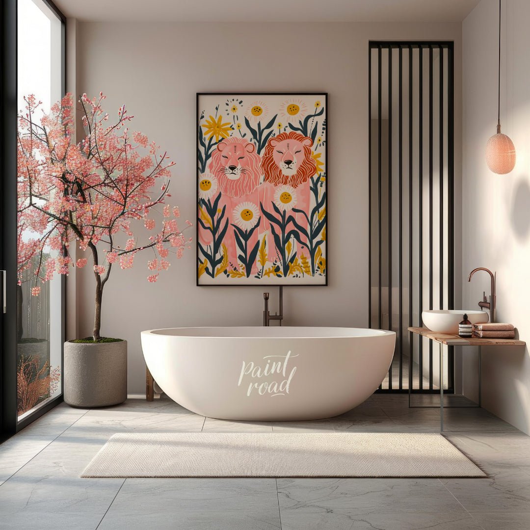 This whimsical digital illustration features two stylized lions, rendered in soft pink hues amidst … for bathroom