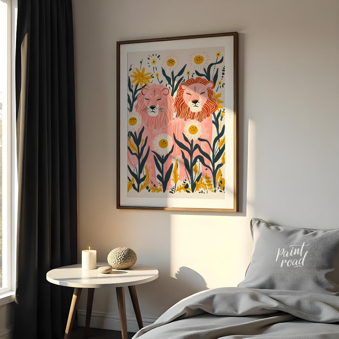 This whimsical digital illustration features two stylized lions, rendered in soft pink hues amidst … for bedroom
