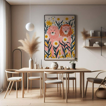This whimsical digital illustration features two stylized lions, rendered in soft pink hues amidst … for dining room