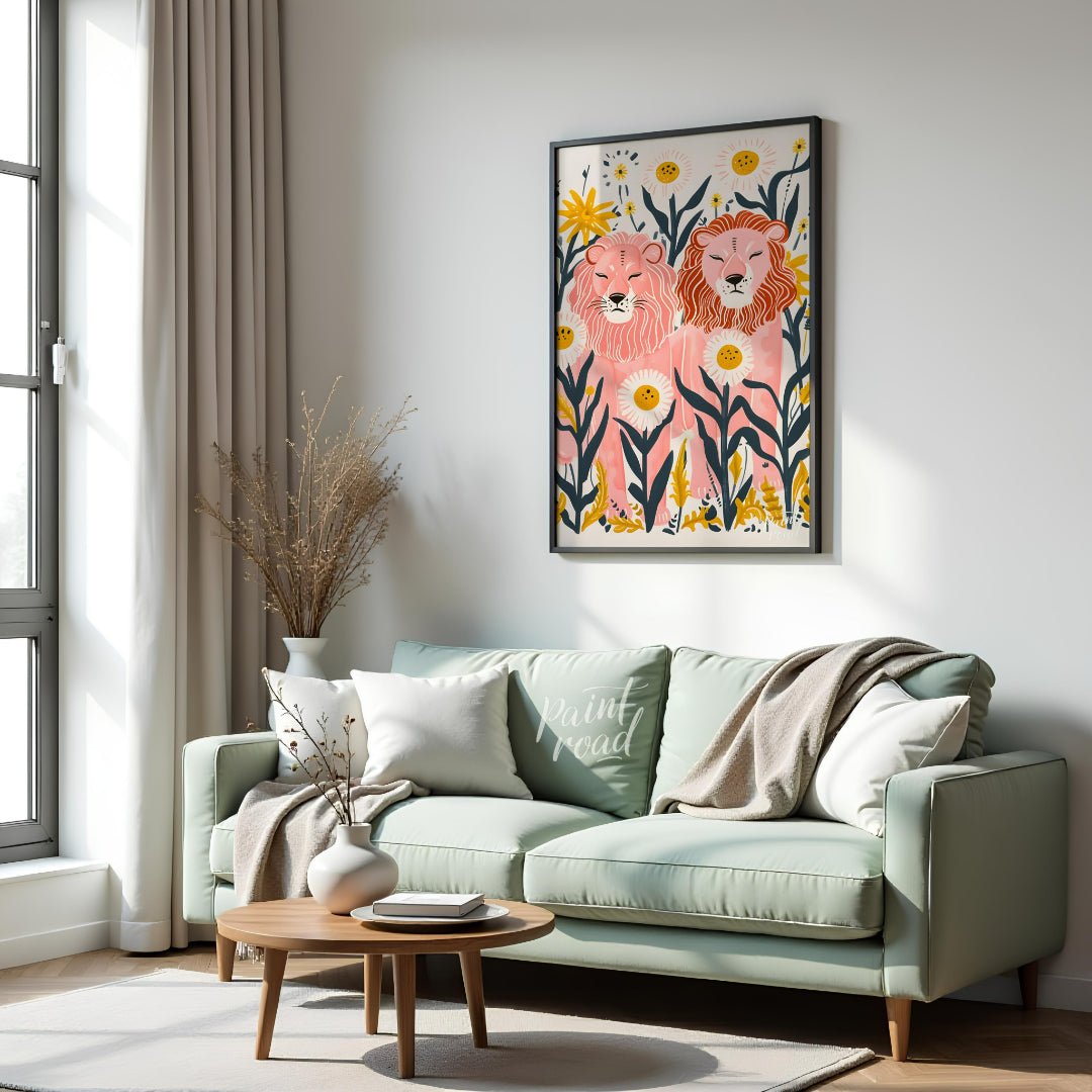 This whimsical digital illustration features two stylized lions, rendered in soft pink hues amidst … for living room
