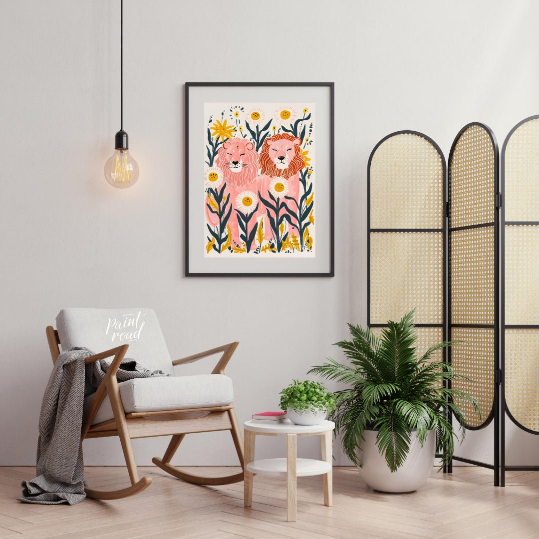 This whimsical digital illustration features two stylized lions, rendered in soft pink hues amidst … for living room