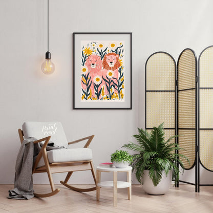 This whimsical digital illustration features two stylized lions, rendered in soft pink hues amidst … for living room