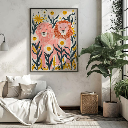 This whimsical digital illustration features two stylized lions, rendered in soft pink hues amidst … for living room
