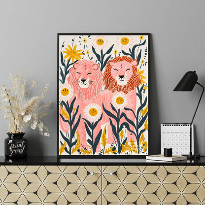 This whimsical digital illustration features two stylized lions, rendered in soft pink hues amidst … for office