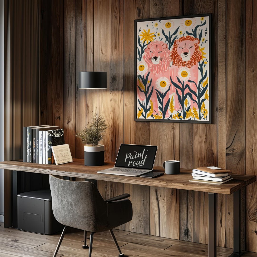 This whimsical digital illustration features two stylized lions, rendered in soft pink hues amidst … for office