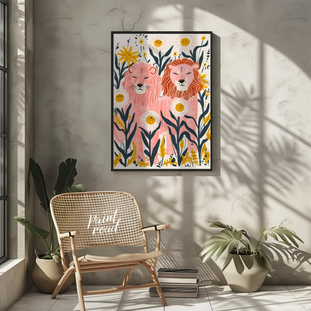 This whimsical digital illustration features two stylized lions, rendered in soft pink hues amidst … for other
