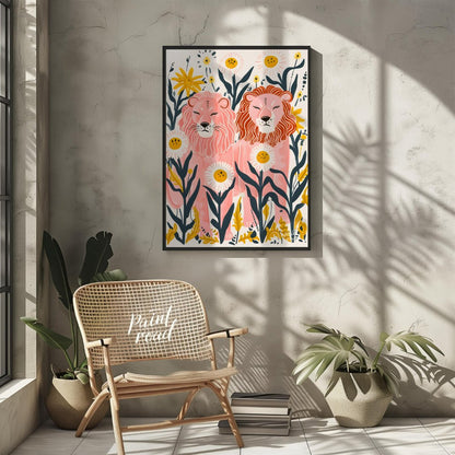 This whimsical digital illustration features two stylized lions, rendered in soft pink hues amidst … for other