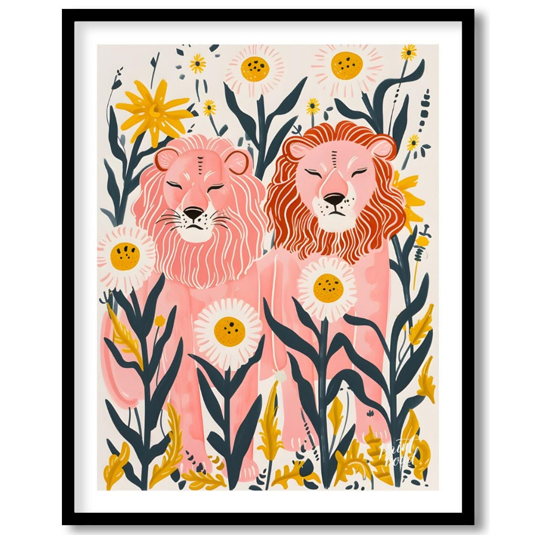 This whimsical digital illustration features two stylized lions, rendered in soft pink hues amidst … for sweet home