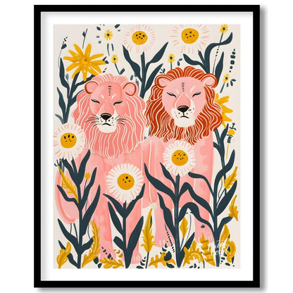 This whimsical digital illustration features two stylized lions, rendered in soft pink hues amidst … for sweet home