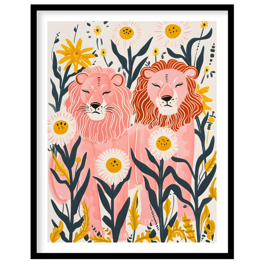 This whimsical digital illustration features two stylized lions, rendered in soft pink hues amidst … for sweet home