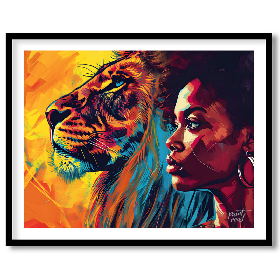 A powerful and evocative artwork that juxtaposes the strength and beauty of a lion and a woman. The… for abode