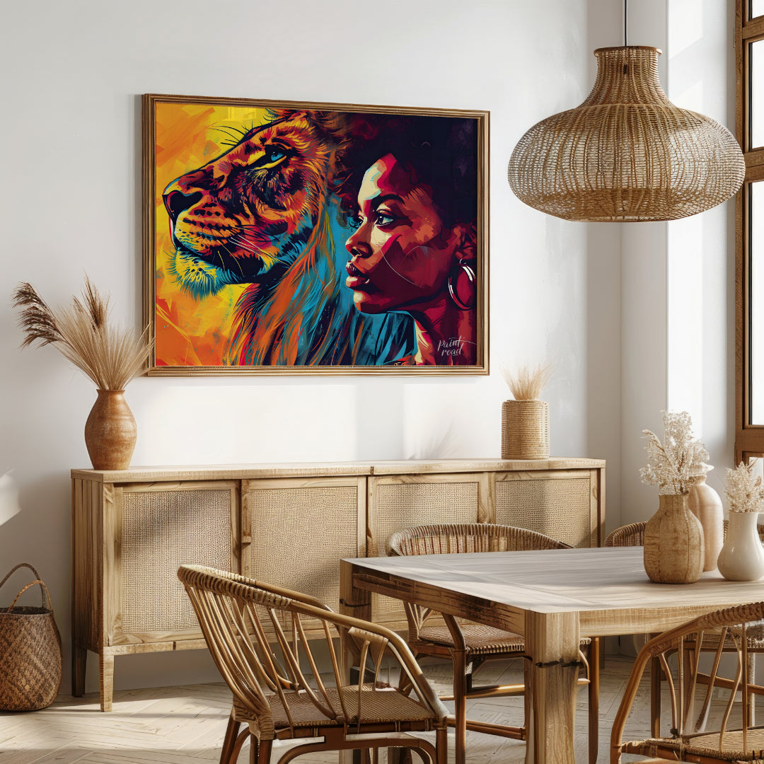 A powerful and evocative artwork that juxtaposes the strength and beauty of a lion and a woman. The… for dining room